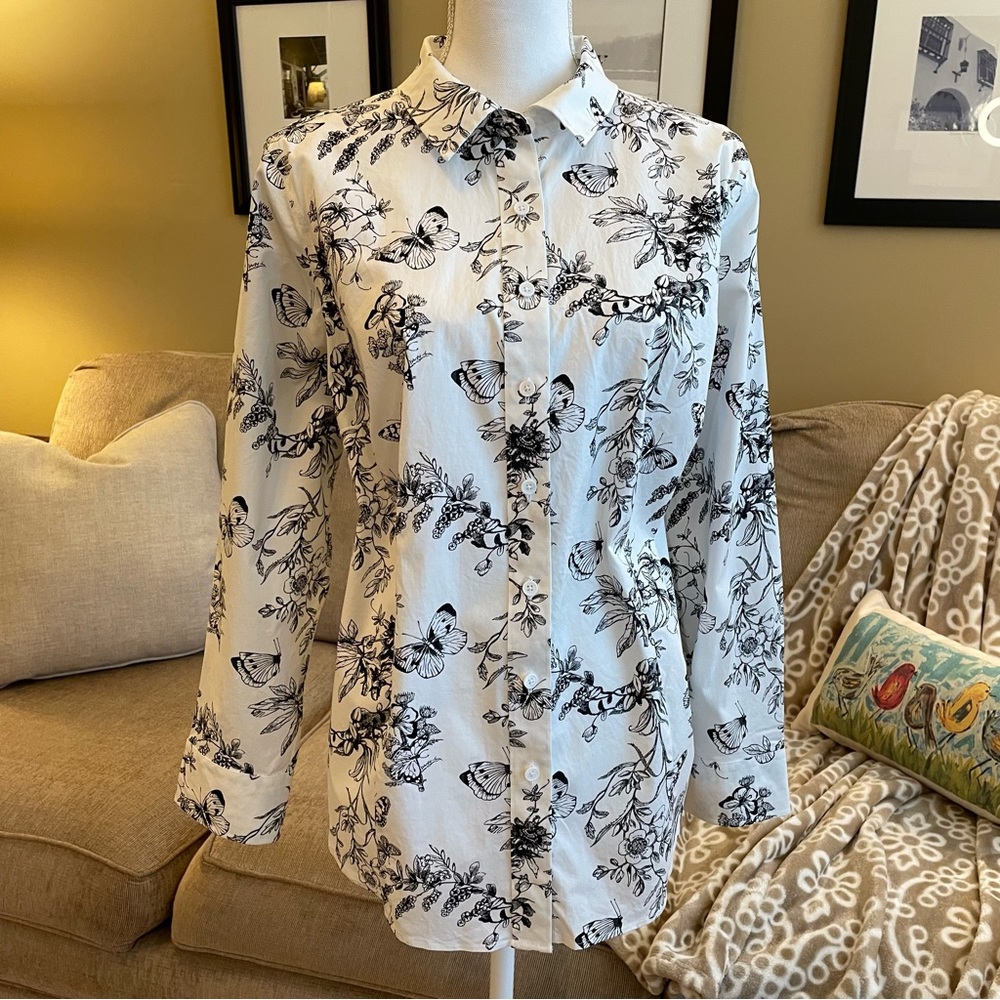 Talbots Black / White Floral Blouse Shirt Long Sleeve Size 14W